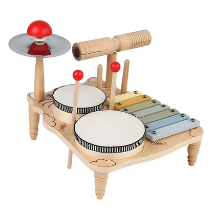 Kids Drum Set Baby Musical Instruments Toys Montessori Wooden Xylophone Preschool Music Kit Percussion Tambourine Toys Birthday