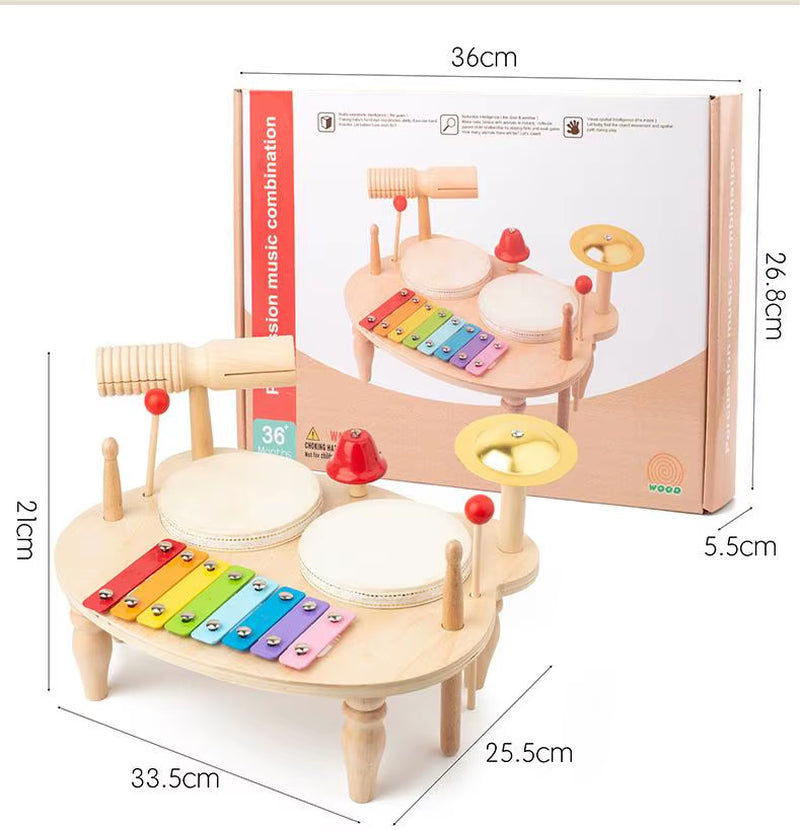 Kids Drum Set Baby Musical Instruments Toys Montessori Wooden Xylophone Preschool Music Kit Percussion Tambourine Toys Birthday