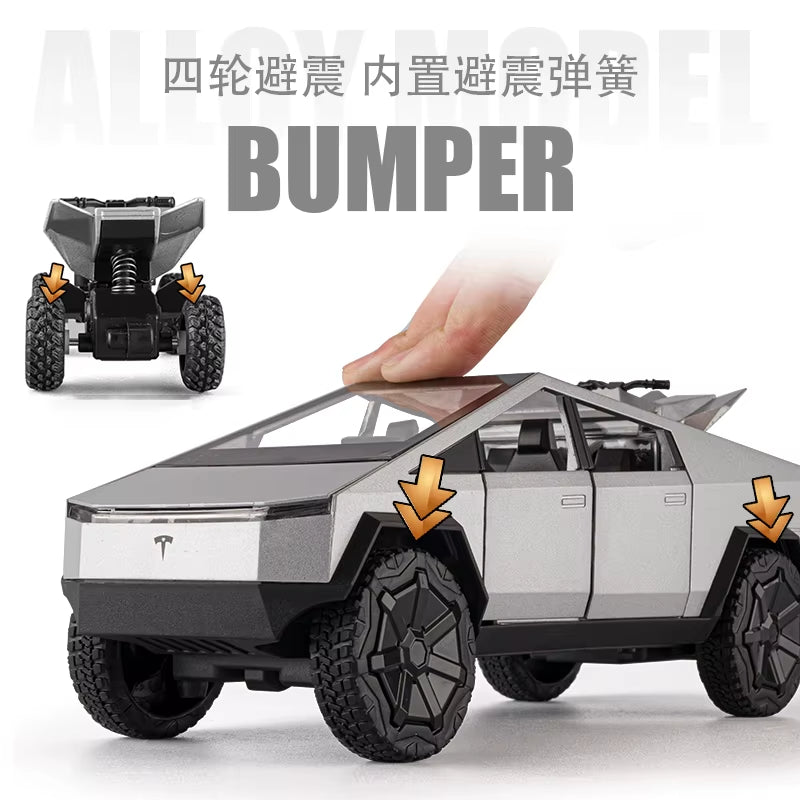 1:24 Tesla Cybertruck Pickup with Motorcycle Alloy Car Model Diecast Toy Vehicle Sound and Light Simitation Cars Model Toys Gift