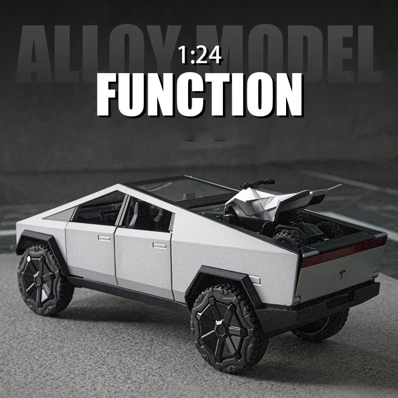 1:24 Tesla Cybertruck Pickup with Motorcycle Alloy Car Model Diecast Toy Vehicle Sound and Light Simitation Cars Model Toys Gift