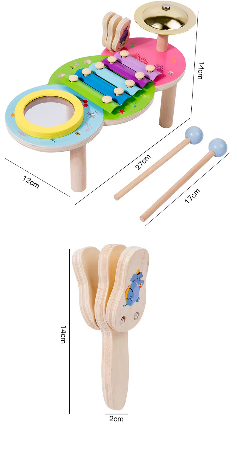 Kids Drum Set Baby Musical Instruments Toys Montessori Wooden Xylophone Preschool Music Kit Percussion Tambourine Toys Birthday