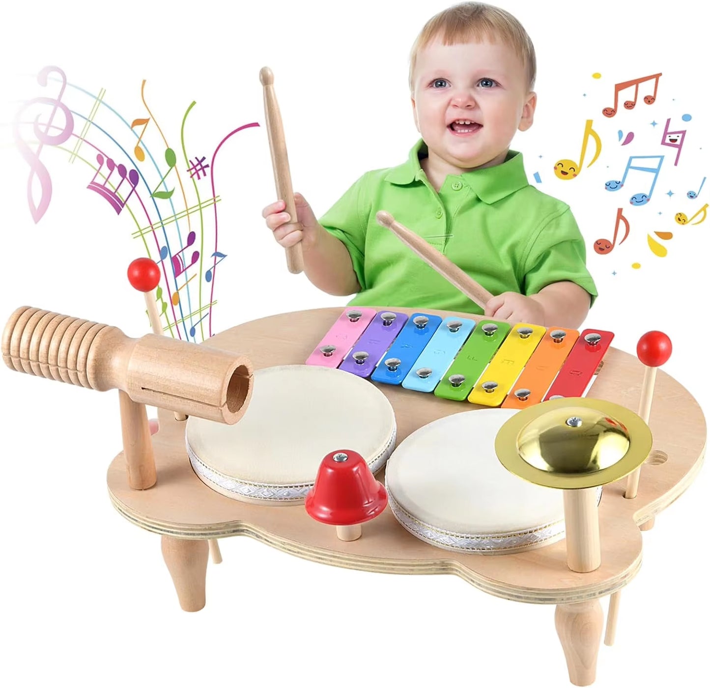 Kids Drum Set Baby Musical Instruments Toys Montessori Wooden Xylophone Preschool Music Kit Percussion Tambourine Toys Birthday