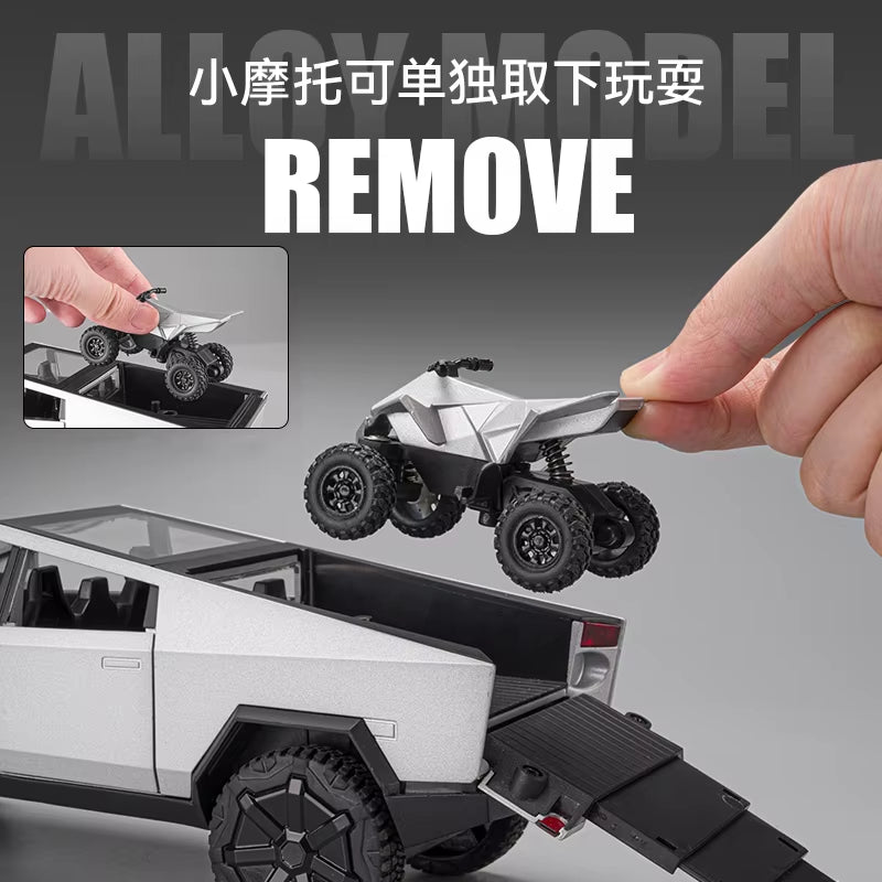 1:24 Tesla Cybertruck Pickup with Motorcycle Alloy Car Model Diecast Toy Vehicle Sound and Light Simitation Cars Model Toys Gift