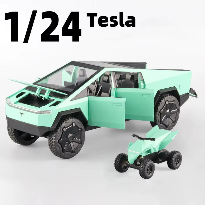 1:24 Tesla Cybertruck Pickup with Motorcycle Alloy Car Model Diecast Toy Vehicle Sound and Light Simitation Cars Model Toys Gift