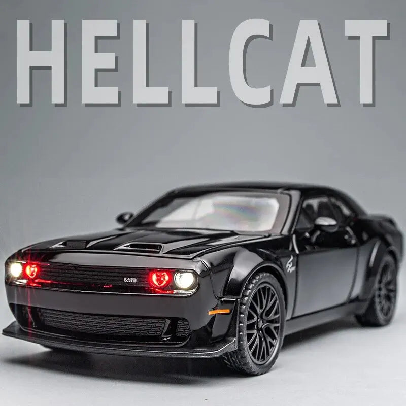 Dodge Challenger Hellcat - Coche de juguete a escala 1:32, fundido a presión, de metal, con sonido y luz