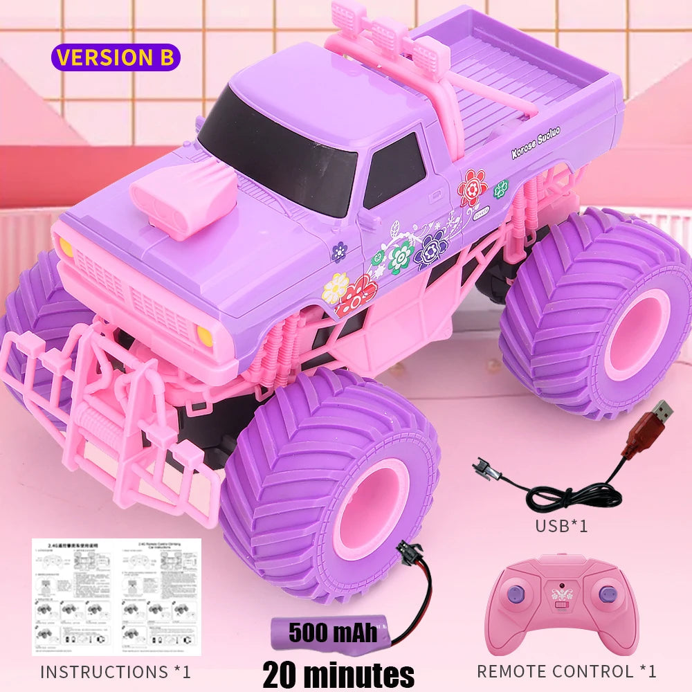 Coche todoterreno eléctrico RC rosa de 2,4 G con ruedas grandes y alta velocidad, control remoto morado, juguetes para niñas y niños