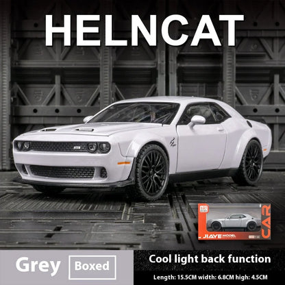 Dodge Challenger Hellcat - Coche de juguete a escala 1:32, fundido a presión, de metal, con sonido y luz