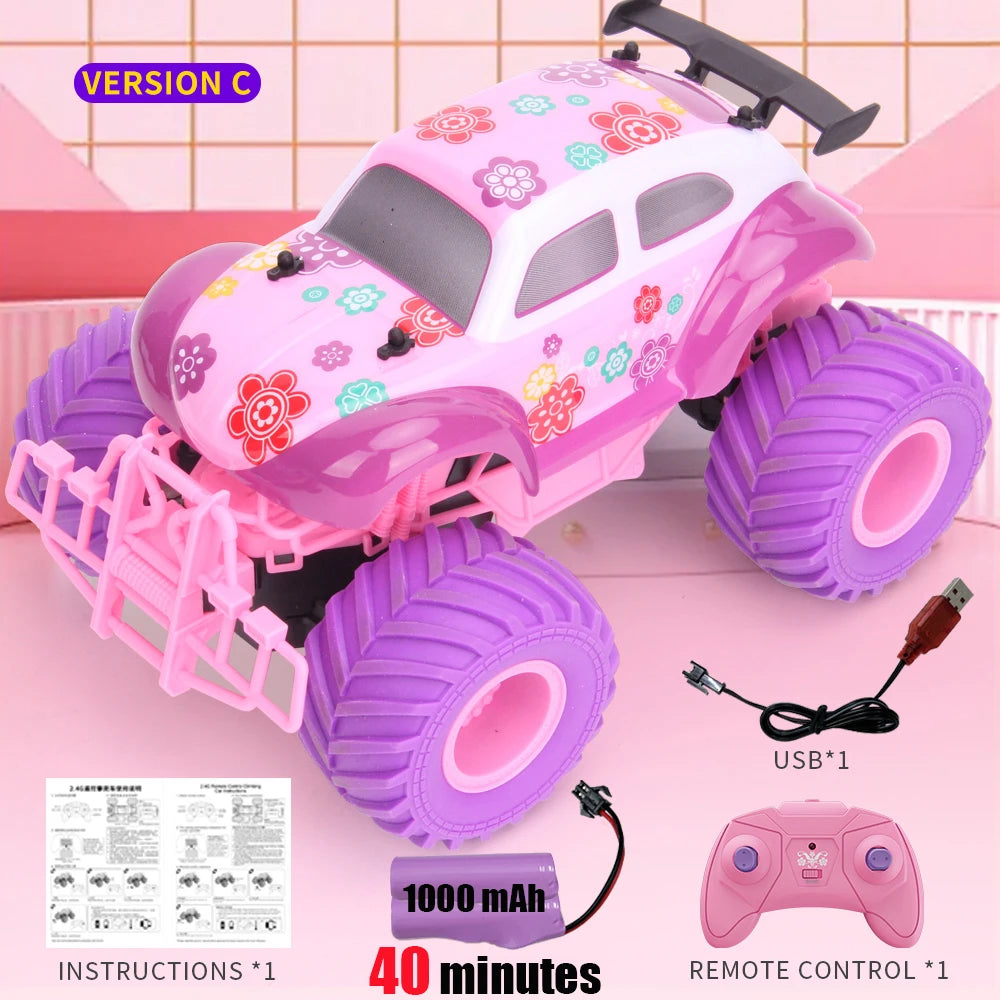 Coche todoterreno eléctrico RC rosa de 2,4 G con ruedas grandes y alta velocidad, control remoto morado, juguetes para niñas y niños