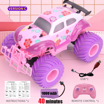 Coche todoterreno eléctrico RC rosa de 2,4 G con ruedas grandes y alta velocidad, control remoto morado, juguetes para niñas y niños