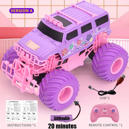 Coche todoterreno eléctrico RC rosa de 2,4 G con ruedas grandes y alta velocidad, control remoto morado, juguetes para niñas y niños