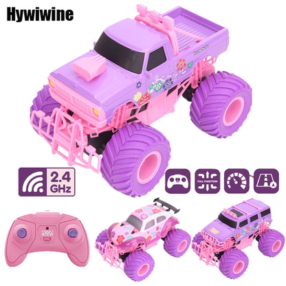 Coche todoterreno eléctrico RC rosa de 2,4 G con ruedas grandes y alta velocidad, control remoto morado, juguetes para niñas y niños