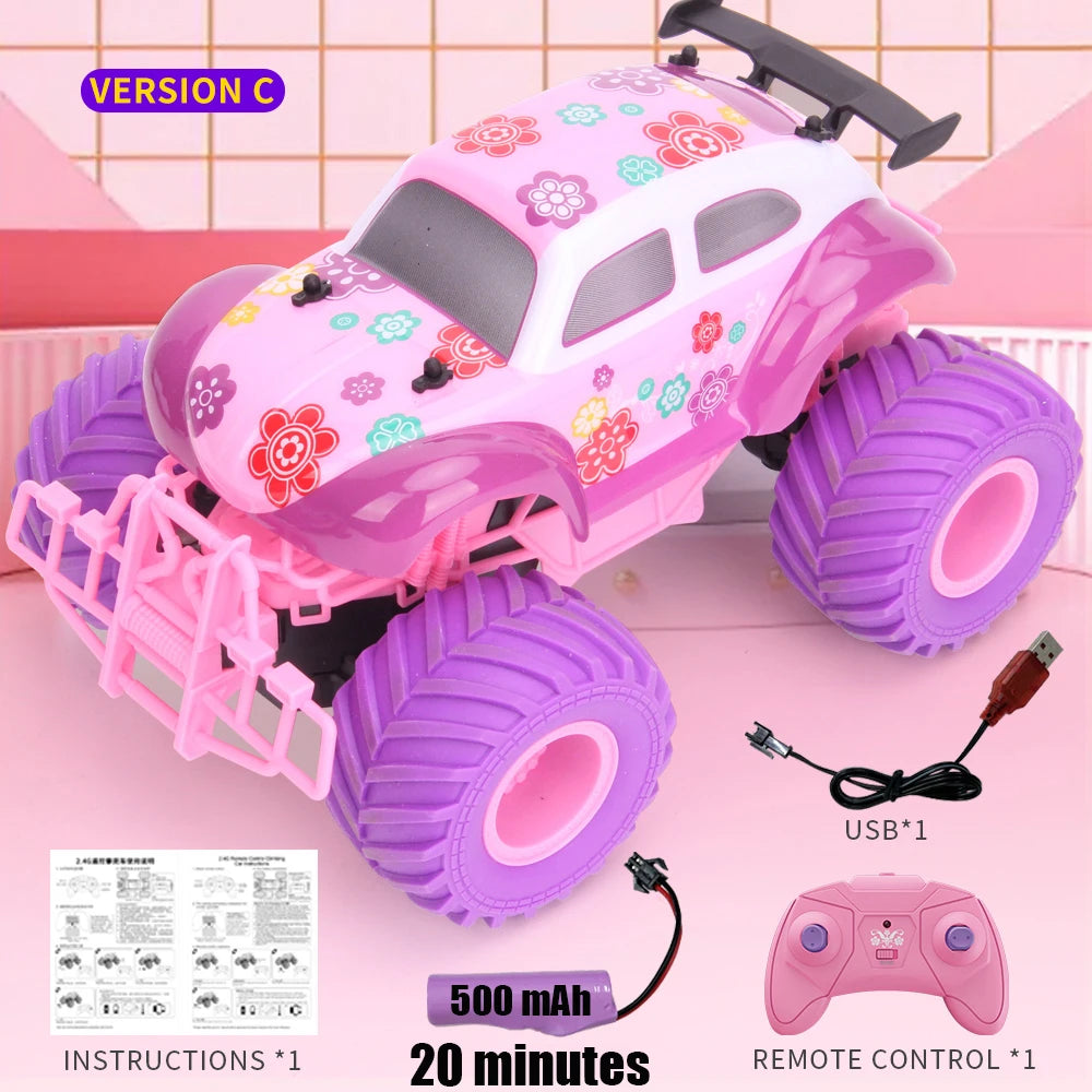 Coche todoterreno eléctrico RC rosa de 2,4 G con ruedas grandes y alta velocidad, control remoto morado, juguetes para niñas y niños