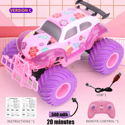 Coche todoterreno eléctrico RC rosa de 2,4 G con ruedas grandes y alta velocidad, control remoto morado, juguetes para niñas y niños