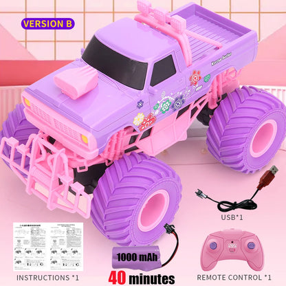 Coche todoterreno eléctrico RC rosa de 2,4 G con ruedas grandes y alta velocidad, control remoto morado, juguetes para niñas y niños