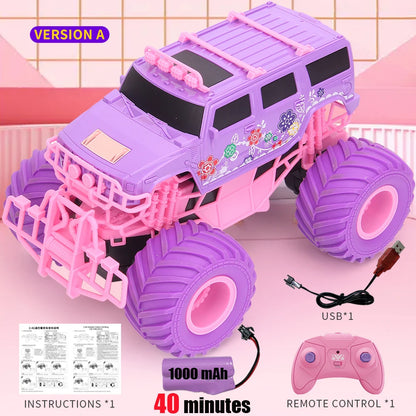 Coche todoterreno eléctrico RC rosa de 2,4 G con ruedas grandes y alta velocidad, control remoto morado, juguetes para niñas y niños