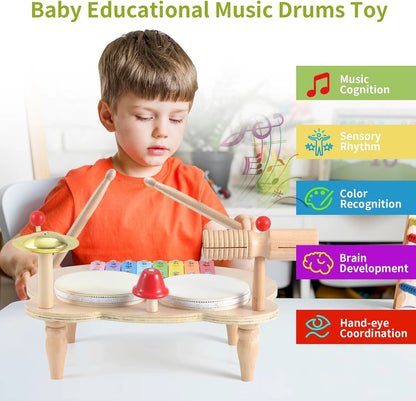 Kids Drum Set Baby Musical Instruments Toys Montessori Wooden Xylophone Preschool Music Kit Percussion Tambourine Toys Birthday