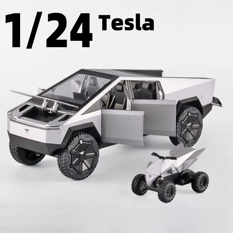 1:24 Tesla Cybertruck Pickup with Motorcycle Alloy Car Model Diecast Toy Vehicle Sound and Light Simitation Cars Model Toys Gift