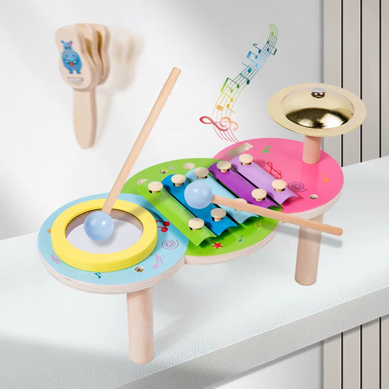 Kids Drum Set Baby Musical Instruments Toys Montessori Wooden Xylophone Preschool Music Kit Percussion Tambourine Toys Birthday