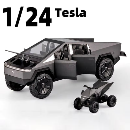 1:24 Tesla Cybertruck Pickup with Motorcycle Alloy Car Model Diecast Toy Vehicle Sound and Light Simitation Cars Model Toys Gift