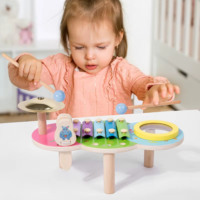 Kids Drum Set Baby Musical Instruments Toys Montessori Wooden Xylophone Preschool Music Kit Percussion Tambourine Toys Birthday